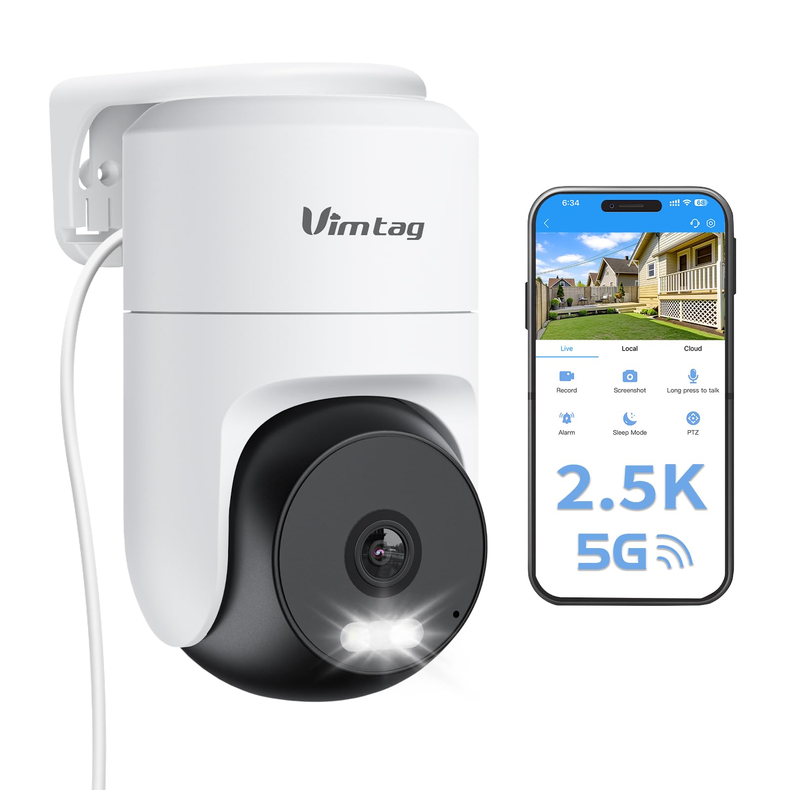 VIMTAG Pan/Tilt Outdoor Security Camera, 2.5K 4MP WiFi Home CCTV Camera, 360° View & Motion Tracking, Color Night Vision, 2-Way Audio, AI Detection Alarm, IP66, Cloud & SD Card Storage, Works w/Alexa